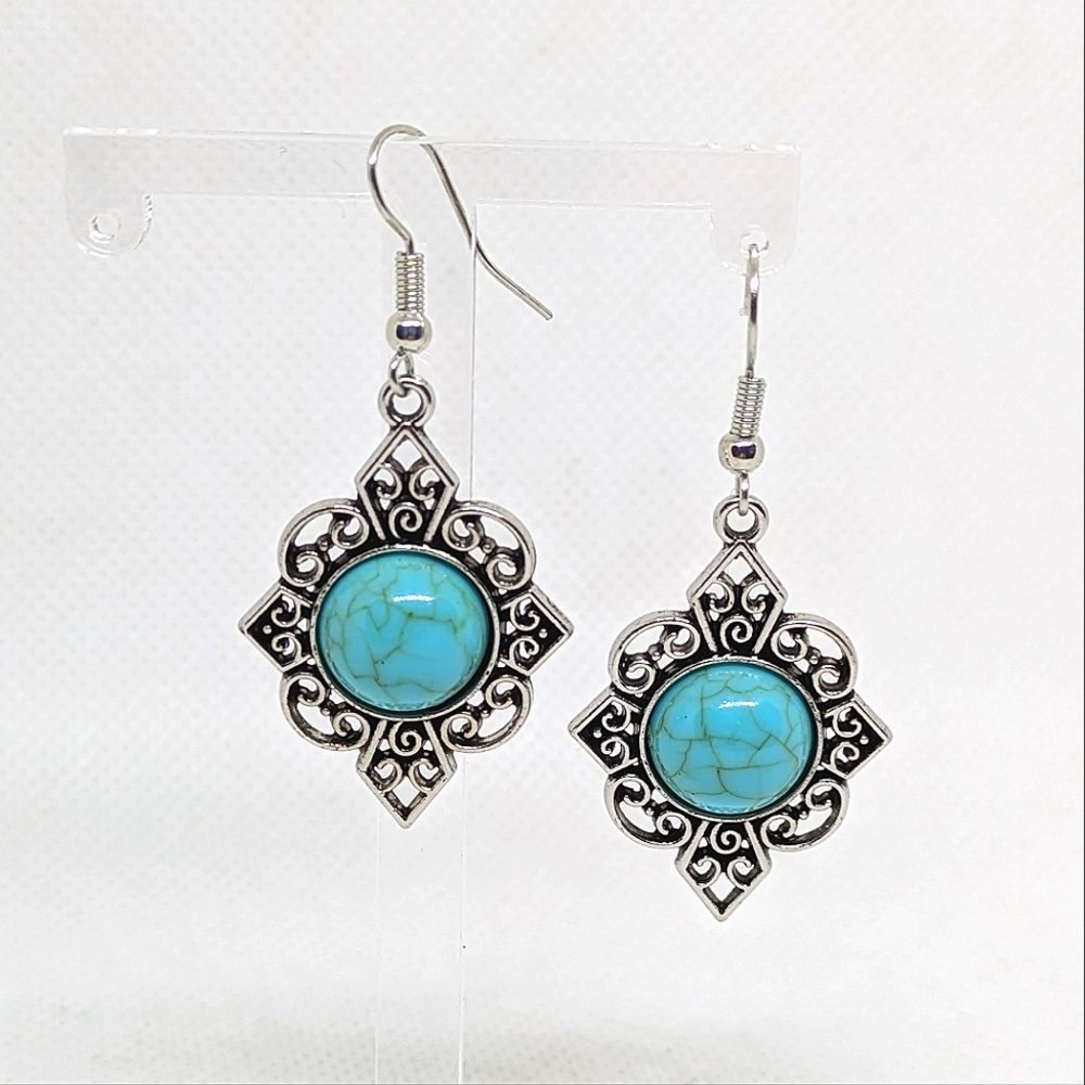 New Silver Tone Faux Turquoise Dangle Earrings Boho Western Fashion